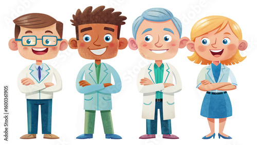 Vector set of male and female pharmacists in lab coats, holding medicine or clipboard. Healthcare professionals cartoon for pharmacy, hospital, drugstore, and medical service illustrations	