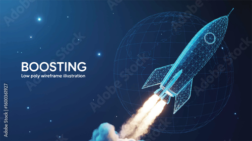 Celestial Ascent: A low-poly wireframe illustration of a rocket ship blasts off, igniting with fiery propulsion amidst a field of stars, representing innovation and growth.