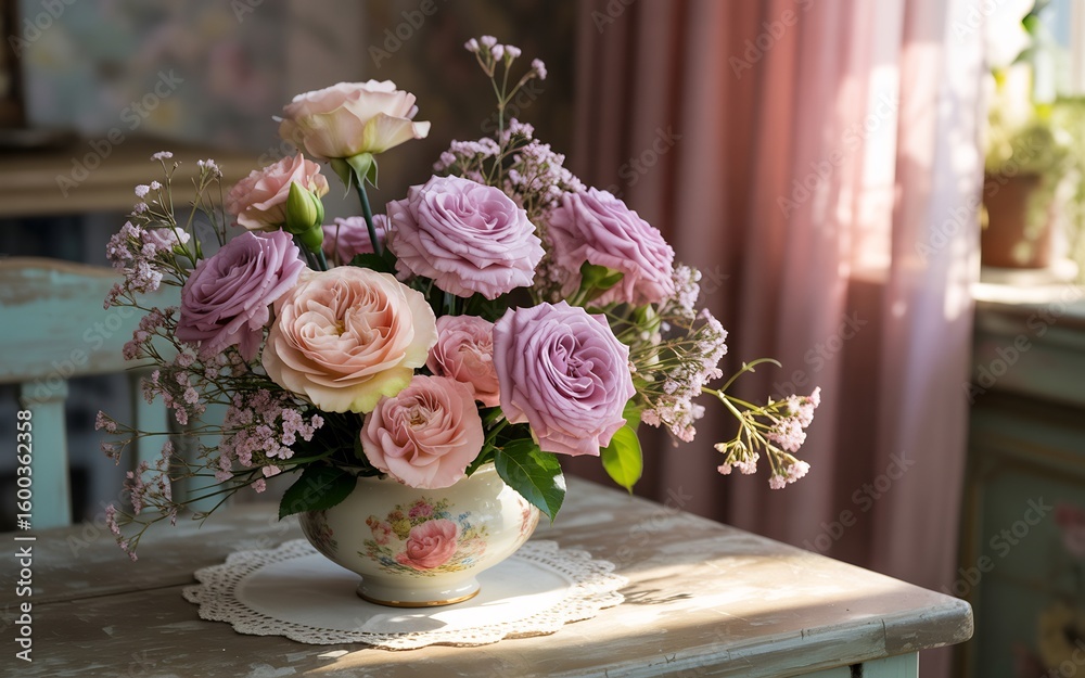 Fototapeta premium Beautiful rose flower arrangement in vintage vase on table for home decor stock photo image