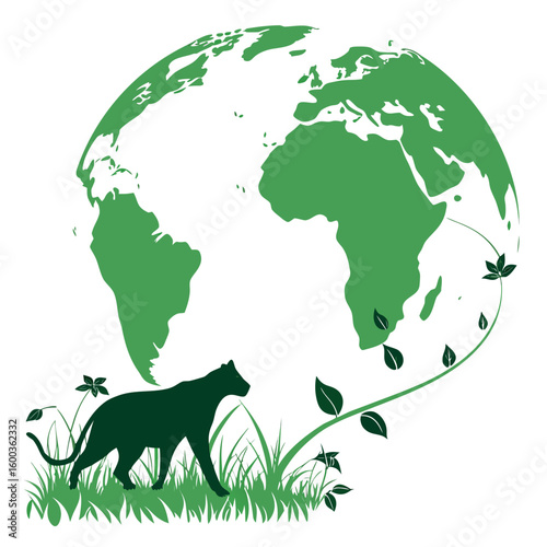 Green planet earth with panther and foliage world continents