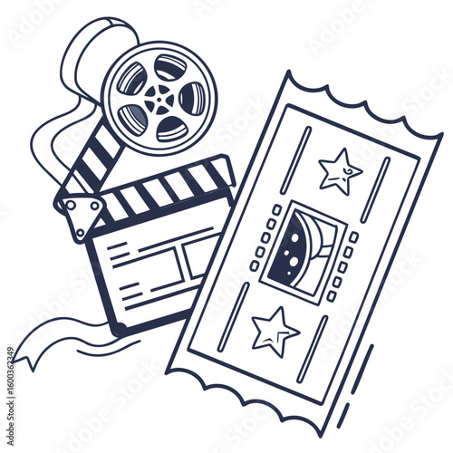 Movie reel clapperboard and ticket cinema film reel