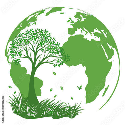 Green planet earth with tree and grass globe world