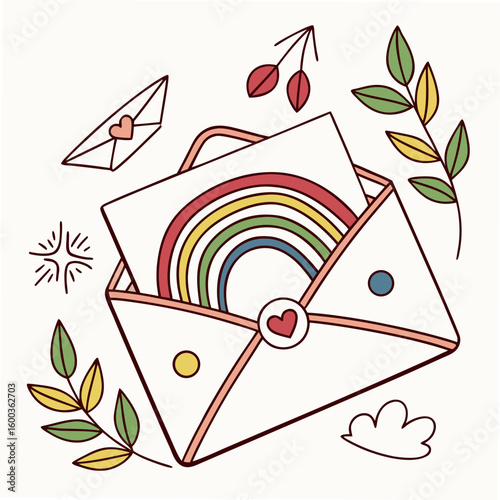 Open envelope with rainbow and heart communication mail