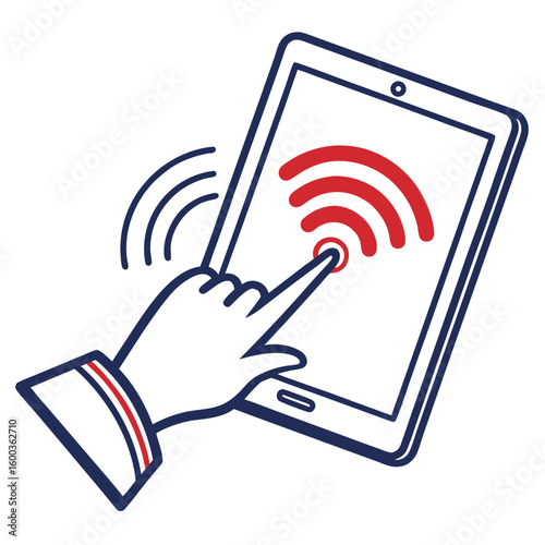 Hand touching tablet with signal waves touchscreen