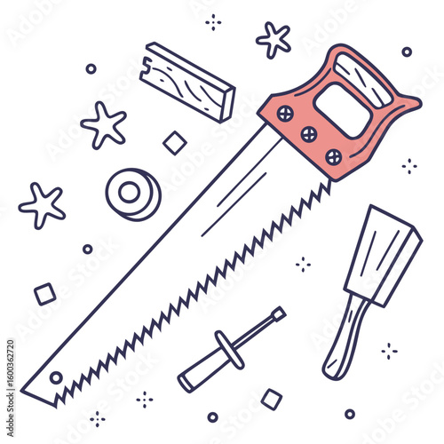 Hand saw wood chisel screwdriver and wood pieces woodworking