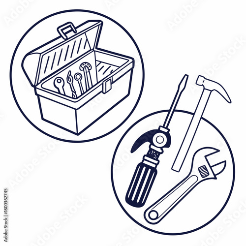 Open toolbox with tools and separate tools hammer wrench