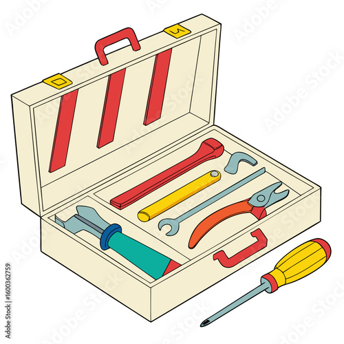 Open toolbox with assorted colorful hand tools for repair and construction screwdriver