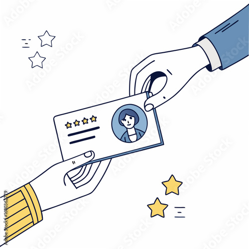 Hands exchanging profile card with stars business