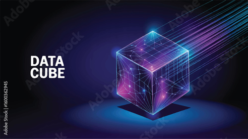 Data Cube: An artistic representation of a data cube, with radiant lines of data streaming from the geometric figure, reflecting the power of information and technology.