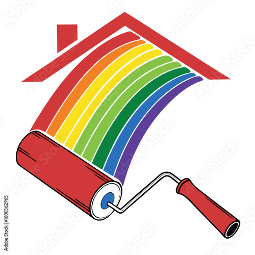 Paint roller applying rainbow colors under house roof painting