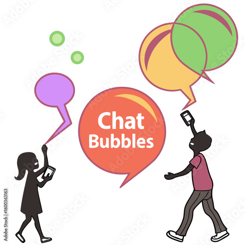 People communicating with colorful chat bubbles using phones communication conversation