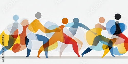 flat people figures expression concept. Abstract figures in motion with vibrant colors and dynamic shapes.