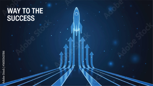 Navigating Success: A dynamic visual metaphor that represents the journey towards triumph. The ascending arrow pathway and rocket ship symbolizing progress and aiming for goals.