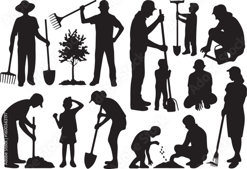 Gardening People Silhouettes Vector Set Diverse Activities and Generations