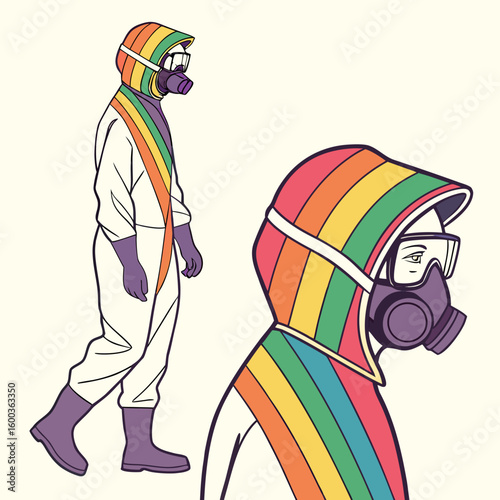 Person in rainbow hazmat suit with gas mask rainbow colors protective clothing
