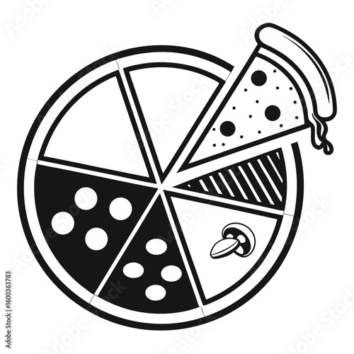 Pizza slice with toppings and mushroom food black and white