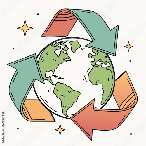 Planet earth with recycling arrows in coral teal and orange vector