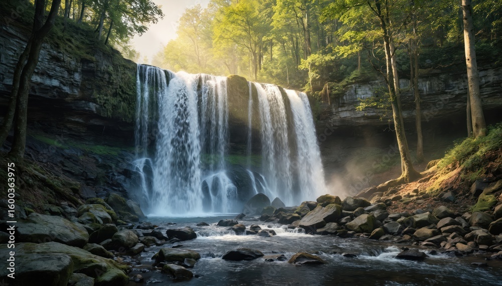 Obraz premium Picturesque waterfall cascades over rocks in forest. Water flows powerfully creating refreshing mist. Natural landscape evokes tranquility, wilderness, ideal for nature exploration adventure themes.