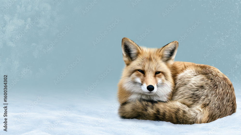 Obraz premium Fox curled up in snow with soft fur and calm expression, resting peacefully against pale blue winter background with subtle snowflake patterns