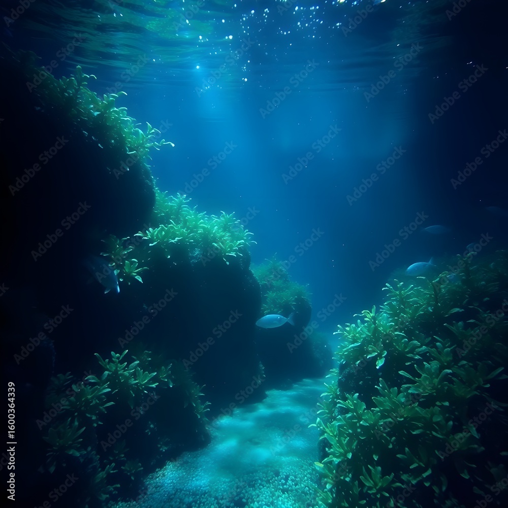 Fototapeta premium The ethereal dance of light and darkness created by the artist evokes a mesmerizing underwater world, where each glimmer exposes unknown wonders and enigmas.