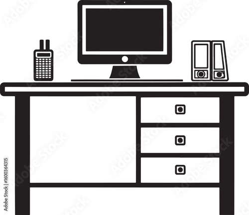 Black vector icon of a desk with computer and supplies monitor calculator