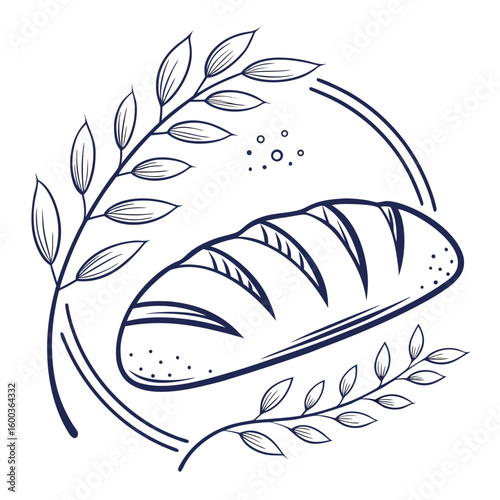 Loaf of bread with wheat stalks leaves