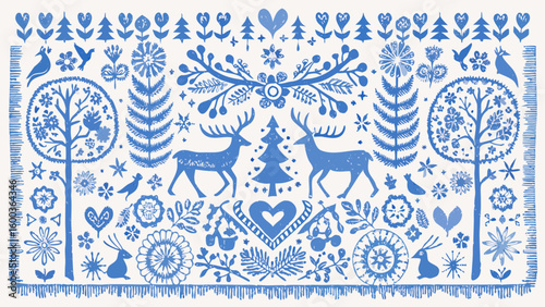 Blue and white folk art illustration featuring deer, birds, trees, flowers, and heart motifs in a pattern silhouette