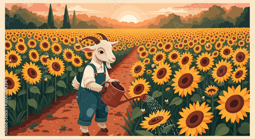 Anthropomorphic goat in overalls watering sunflowers with a watering can