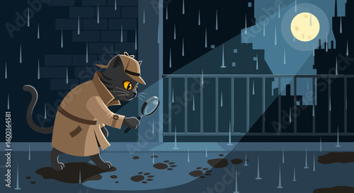 Cartoon cat detective in trench coat with magnifying glass in the rain