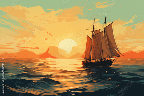 Old vintage landscape sailboat illustration