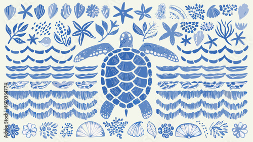 Blue sea turtle surrounded by seashells starfish seaweed and ocean waves in a linocut style design silhouette