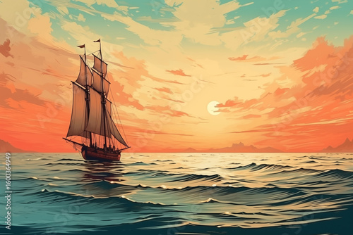 Old vintage landscape sailboat illustration