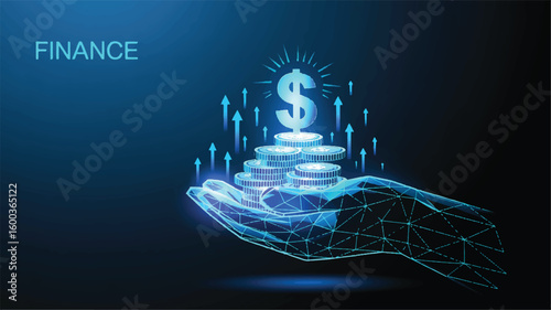 Financial Growth: A futuristic illustration showing hand holding stack of coins and a shining dollar symbol, all emanating a glow, the arrows point to growth.