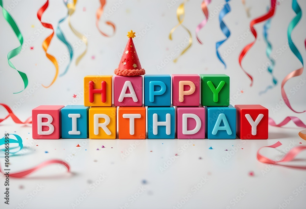 Fototapeta premium Colorful Happy Birthday Blocks: Festive Message with Party Decor for Invitations & Celebrations