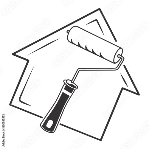 Paint roller applying paint to house outline home renovation