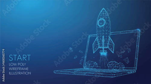 Digital Launchpad: A modern illustration of a rocket launching from a laptop, symbolizing innovation, progress, and the beginning of a new venture against a dark blue background.