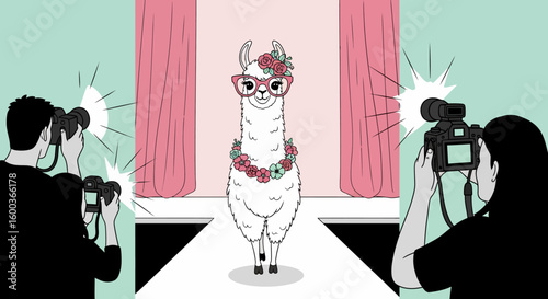Fashionable Llama Posing on Runway with Photographers Capturing the Moment
