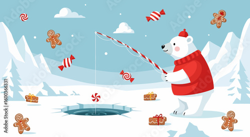 Festive Polar Bear Ice Fishing with Candy Cane Rod and Sweets