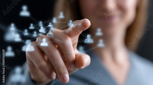Woman interacting with a digital interface representing social connections and networking