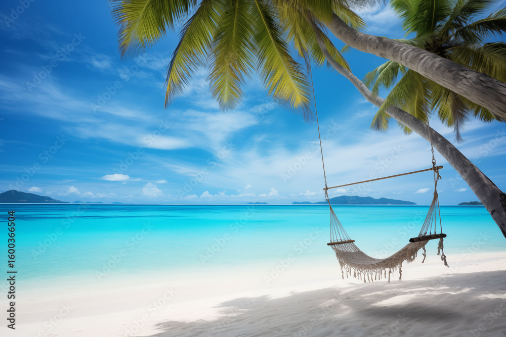 Fototapeta premium The tranquility of the tropical sea, with a swing in the swaying coconut trees.