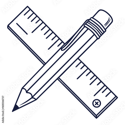 Pencil and ruler crossed on white writing drawing