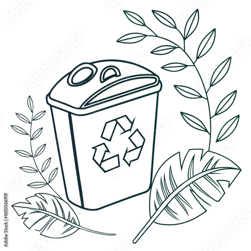 Recycling bin with leaves and branches recycle symbol environmental conservation