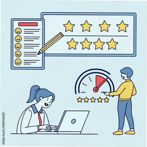 People evaluating performance with stars and gauge