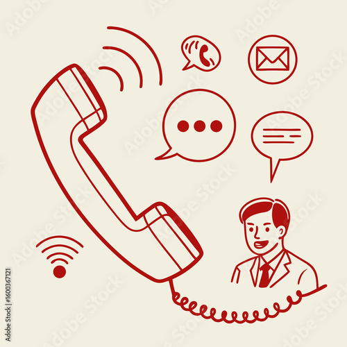 Red telephone handset with communication symbols and man conversation contact
