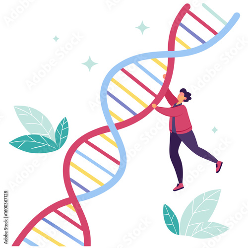 Person interacting with colorful D N A helix science