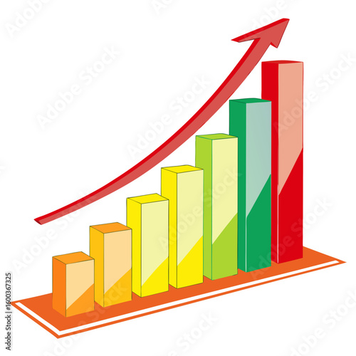 Rising colorful bar graph with red arrow rising arrow business