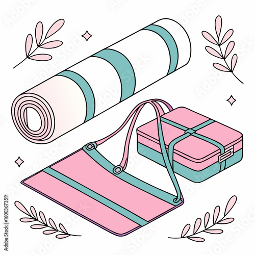 Rolled yoga mat and carrying case with pastel floral accents fitness exercise