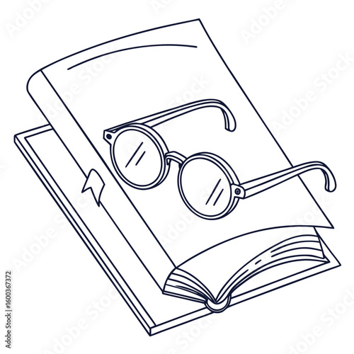 Round spectacles resting on open book pages reading glasses