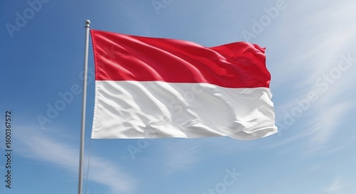 The red and white Indonesian flag waving majestically on a flagpole under a bright and sunny blue sky, symbolizing freedom and national pride.