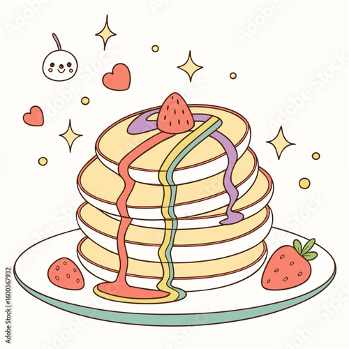 Stacked pancakes with rainbow syrup and strawberries breakfast